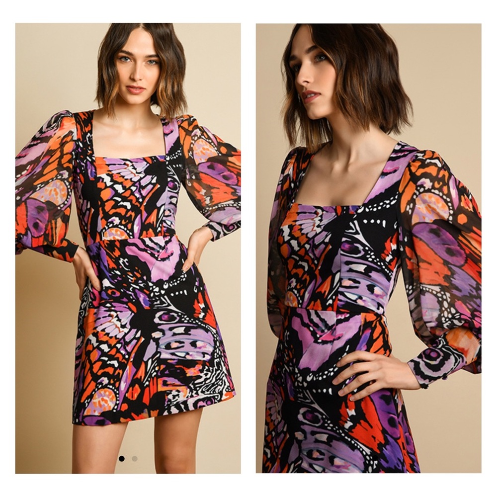 NWT Hutch Anthropologie Elaine Purple Puff Sleeve Shift Butterfly Mini Dress